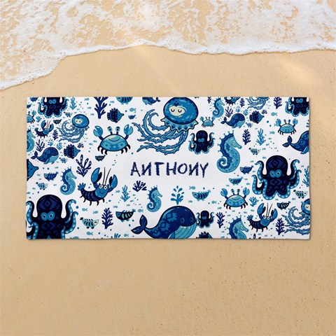 Custom Ocean Animals in Blue Color Any Text Name 54 X27  Super Absorbent Beach Towel	 from ArtsNow.com Front