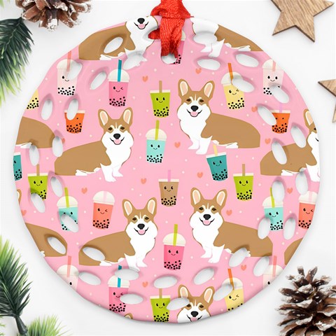 Corgi Bubble Boba Tea Pink Pattern Ornament (Round Filigree) from ArtsNow.com Front