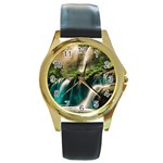 Waterfall Rocks Jungle Forest Round Gold Metal Watch