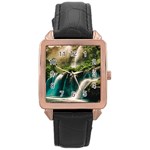 Waterfall Rocks Jungle Forest Rose Gold Leather Watch 