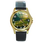 Mountains Trees Forest Round Gold Metal Watch
