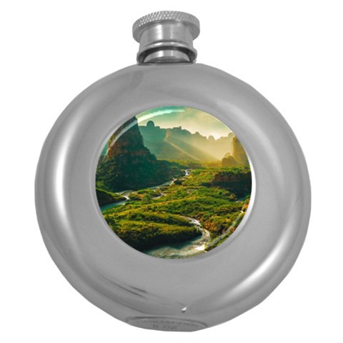 Mountains Trees Forest Round Hip Flask (5 oz) from ArtsNow.com Front