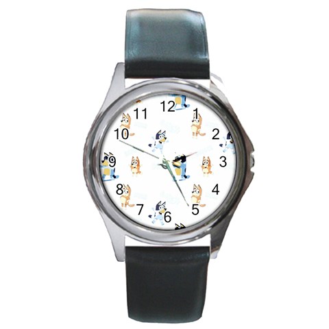 Bluey, Bluey merch, Bluey pattern, Bluey Bluey, bingo, Bluey design, bluey dog Round Metal Watch from ArtsNow.com Front