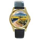 Sunflowers Flowers Nature Round Gold Metal Watch