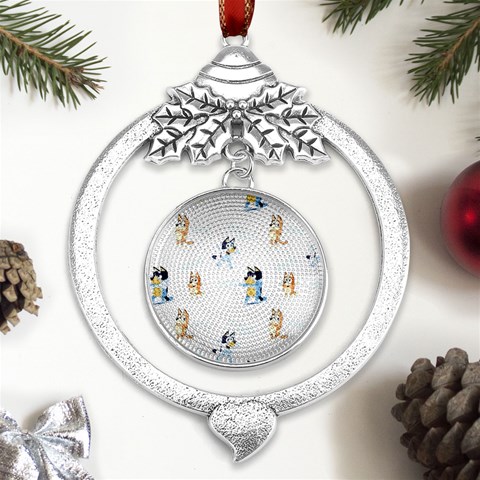 Bluey, Bluey merch, Bluey pattern, Bluey Bluey, bingo, Bluey design, bluey dog Metal Silver X mas Leaves Round Ornament from ArtsNow.com Front
