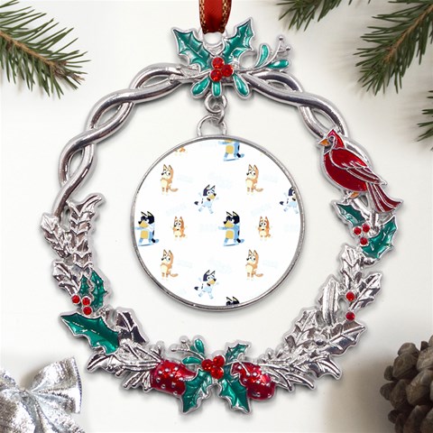 Bluey, Bluey merch, Bluey pattern, Bluey Bluey, bingo, Bluey design, bluey dog Metal X mas Wreath Holly leaf Ornament from ArtsNow.com Front