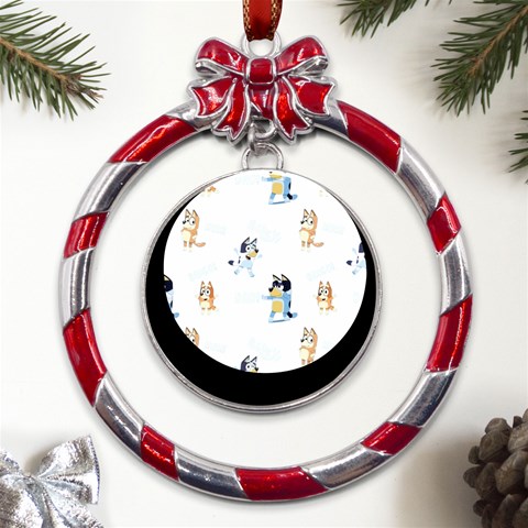 Bluey, Bluey merch, Bluey pattern, Bluey Bluey, bingo, Bluey design, bluey dog Metal Red Ribbon Round Ornament from ArtsNow.com Front
