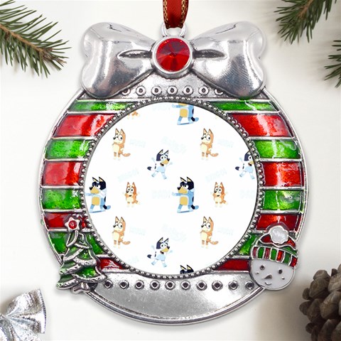 Bluey, Bluey merch, Bluey pattern, Bluey Bluey, bingo, Bluey design, bluey dog Metal X Mas Ribbon With Red Crystal Round Ornament from ArtsNow.com Front