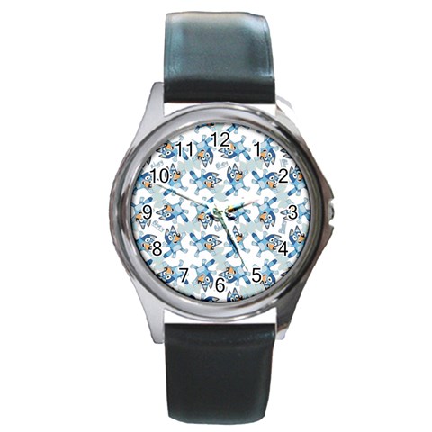 Bluey, Bluey merch, Bluey pattern, Bluey Bluey, bingo, Bluey design, bluey dog Round Metal Watch from ArtsNow.com Front