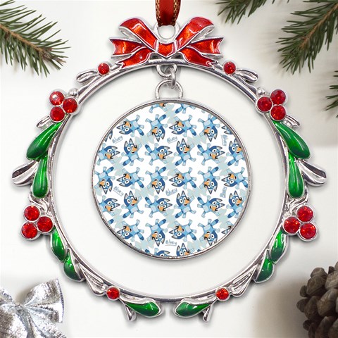 Bluey, Bluey merch, Bluey pattern, Bluey Bluey, bingo, Bluey design, bluey dog Metal X mas Wreath Ribbon Ornament from ArtsNow.com Front
