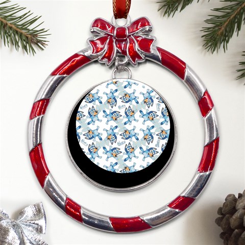 Bluey, Bluey merch, Bluey pattern, Bluey Bluey, bingo, Bluey design, bluey dog Metal Red Ribbon Round Ornament from ArtsNow.com Front