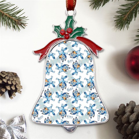 Bluey, Bluey merch, Bluey pattern, Bluey Bluey, bingo, Bluey design, bluey dog Metal Holly Leaf Bell Ornament from ArtsNow.com Front