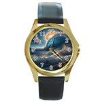 Ocean Sea Waves Round Gold Metal Watch