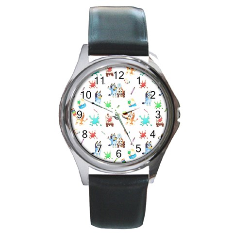 Bluey, Bluey merch, Bluey pattern, Bluey Bluey, bingo, Bluey design, bluey dog Round Metal Watch from ArtsNow.com Front