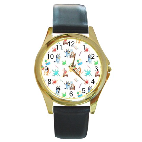 Bluey, Bluey merch, Bluey pattern, Bluey Bluey, bingo, Bluey design, bluey dog Round Gold Metal Watch from ArtsNow.com Front