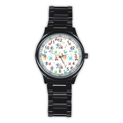 Bluey, Bluey merch, Bluey pattern, Bluey Bluey, bingo, Bluey design, bluey dog Stainless Steel Round Watch from ArtsNow.com Front