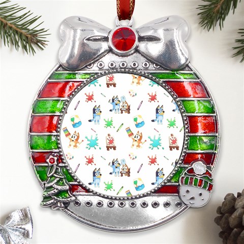 Bluey, Bluey merch, Bluey pattern, Bluey Bluey, bingo, Bluey design, bluey dog Metal X Mas Ribbon With Red Crystal Round Ornament from ArtsNow.com Front
