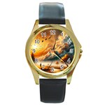 Nature Storm Painting Round Gold Metal Watch