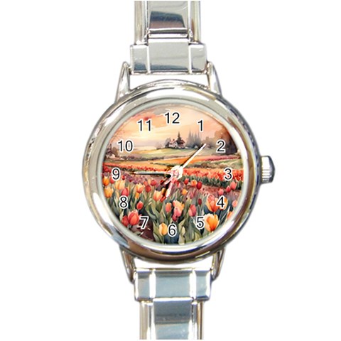Tulips Field Tree Round Italian Charm Watch from ArtsNow.com Front