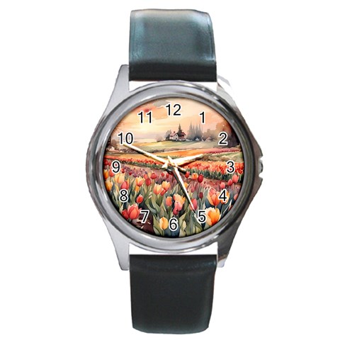 Tulips Field Tree Round Metal Watch from ArtsNow.com Front