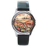 Tulips Field Tree Round Metal Watch