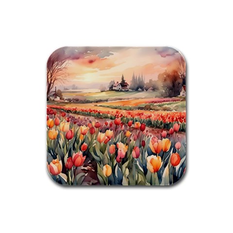 Tulips Field Tree Rubber Square Coaster (4 pack) from ArtsNow.com Front