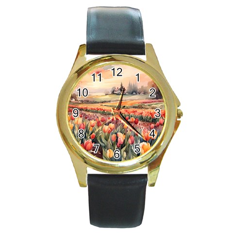 Tulips Field Tree Round Gold Metal Watch from ArtsNow.com Front
