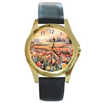Tulips Field Tree Round Gold Metal Watch