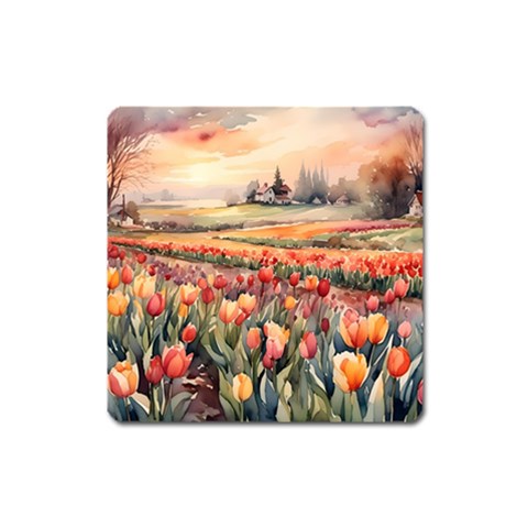 Tulips Field Tree Square Magnet from ArtsNow.com Front
