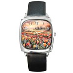 Tulips Field Tree Square Metal Watch