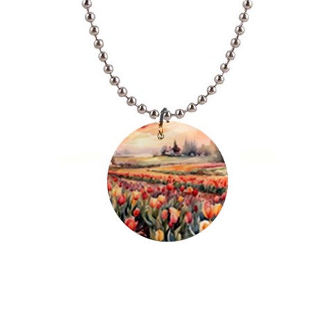 Tulips Field Tree 1  Button Necklace from ArtsNow.com Front