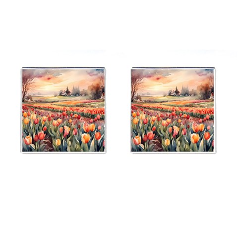 Tulips Field Tree Cufflinks (Square) from ArtsNow.com Front(Pair)