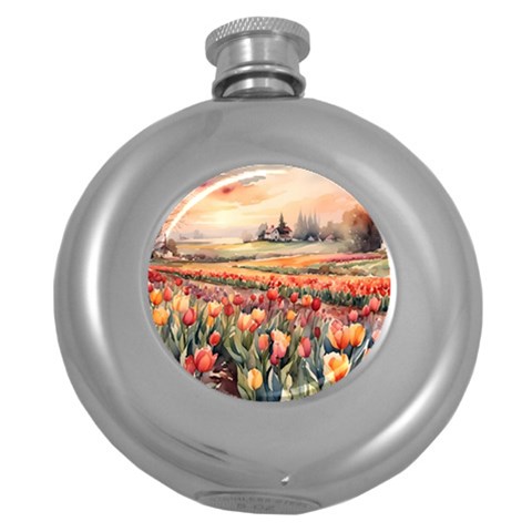Tulips Field Tree Round Hip Flask (5 oz) from ArtsNow.com Front