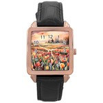Tulips Field Tree Rose Gold Leather Watch 