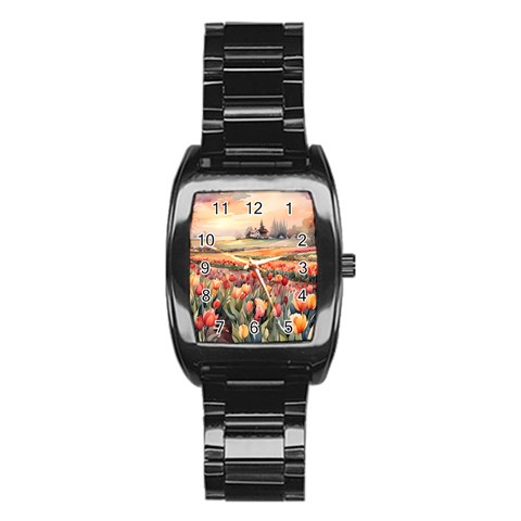 Tulips Field Tree Stainless Steel Barrel Watch from ArtsNow.com Front