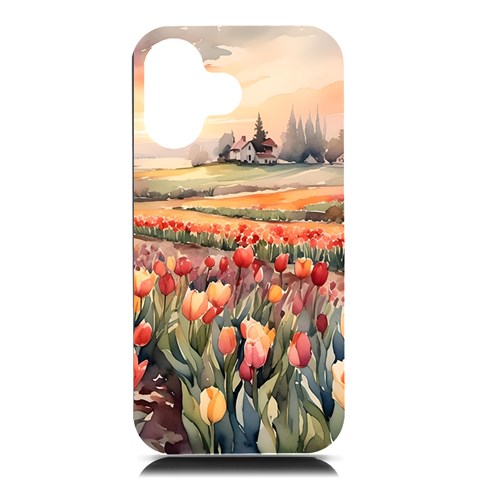 Tulips Field Tree iPhone 16 Black UV Print PC Hardshell Case from ArtsNow.com Front
