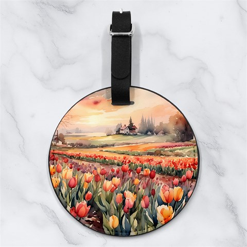 Tulips Field Tree Nappa Leather Luggage Tag Round from ArtsNow.com Front