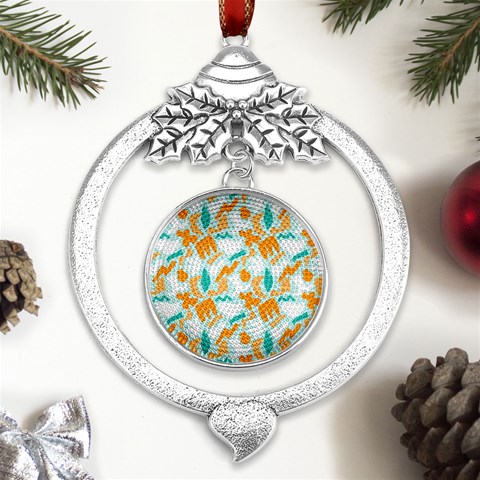 Design Pattern Seamless Tropical Metal Silver X mas Leaves Round Ornament from ArtsNow.com Front