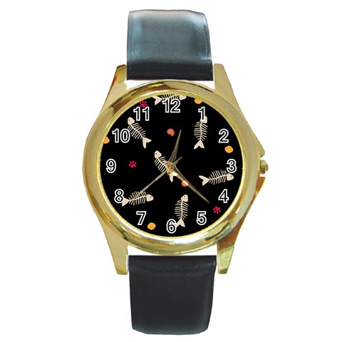 Pattern Design Seamless Fishbone Round Gold Metal Watch from ArtsNow.com Front