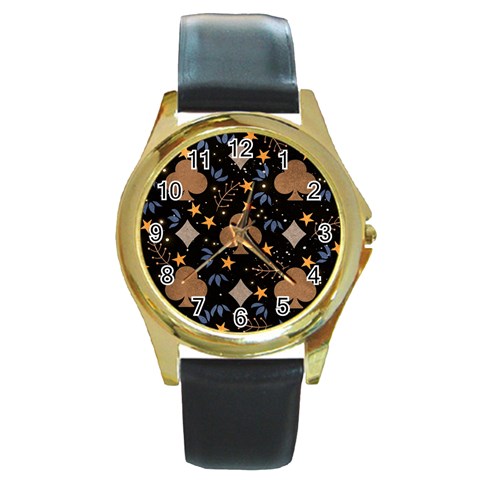 Seamless Pattern Repeat Repetition Round Gold Metal Watch from ArtsNow.com Front