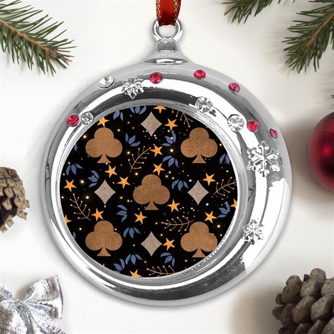 Seamless Pattern Repeat Repetition Metal Snowflake Red Crystal Round Ornament from ArtsNow.com Front