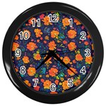 Mid Century Retro Floral 1970s 1960s Pattern 61 Wall Clock (Black)