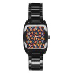 Mid Century Retro Floral 1970s 1960s Pattern 61 Stainless Steel Barrel Watch