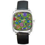 Mid Century Retro Floral 1970s 1960s Pattern 59 Square Metal Watch