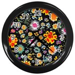 Mid Century Retro Floral 1970s 1960s Pattern 57 Wall Clock (Black)