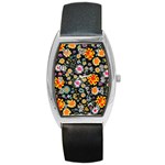 Mid Century Retro Floral 1970s 1960s Pattern 57 Barrel Style Metal Watch
