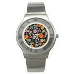 Mid Century Retro Floral 1970s 1960s Pattern 57 Stainless Steel Watch