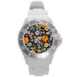 Mid Century Retro Floral 1970s 1960s Pattern 57 Round Plastic Sport Watch (L)