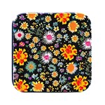 Mid Century Retro Floral 1970s 1960s Pattern 57 Square Metal Box (Black)
