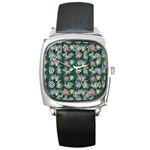 Mid Century Retro Floral 1970s 1960s Pattern 62 Square Metal Watch